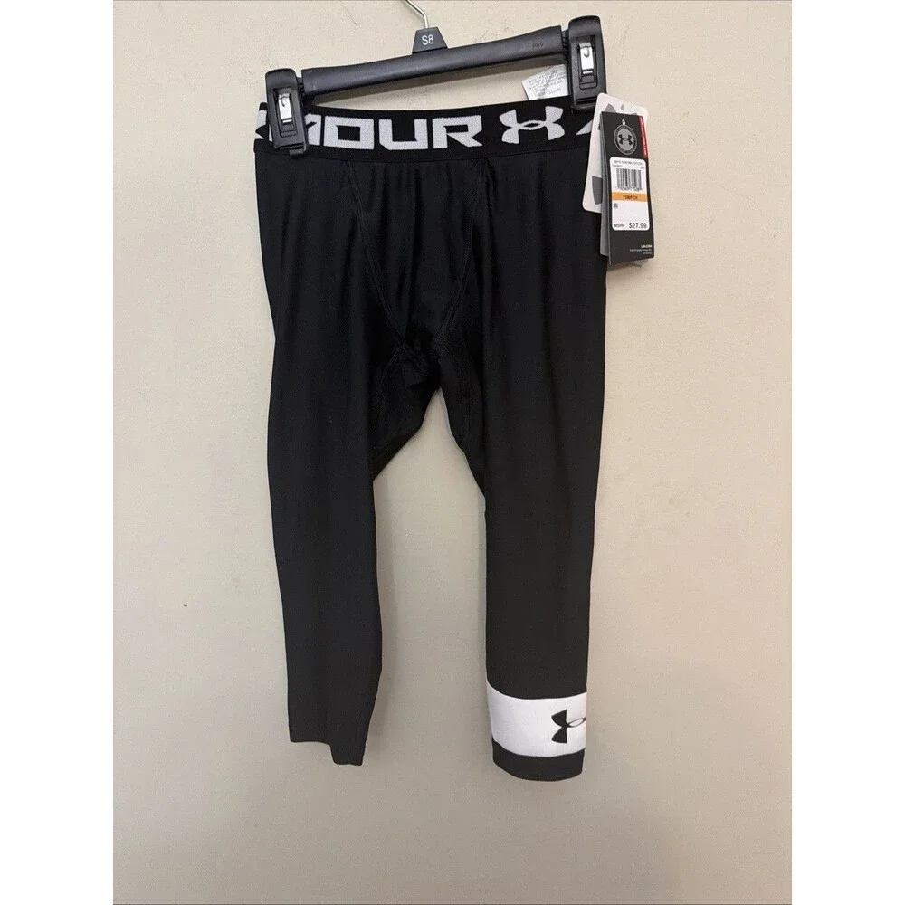 Under Armour Boys Youth Small Crop Leggings Black White NEW